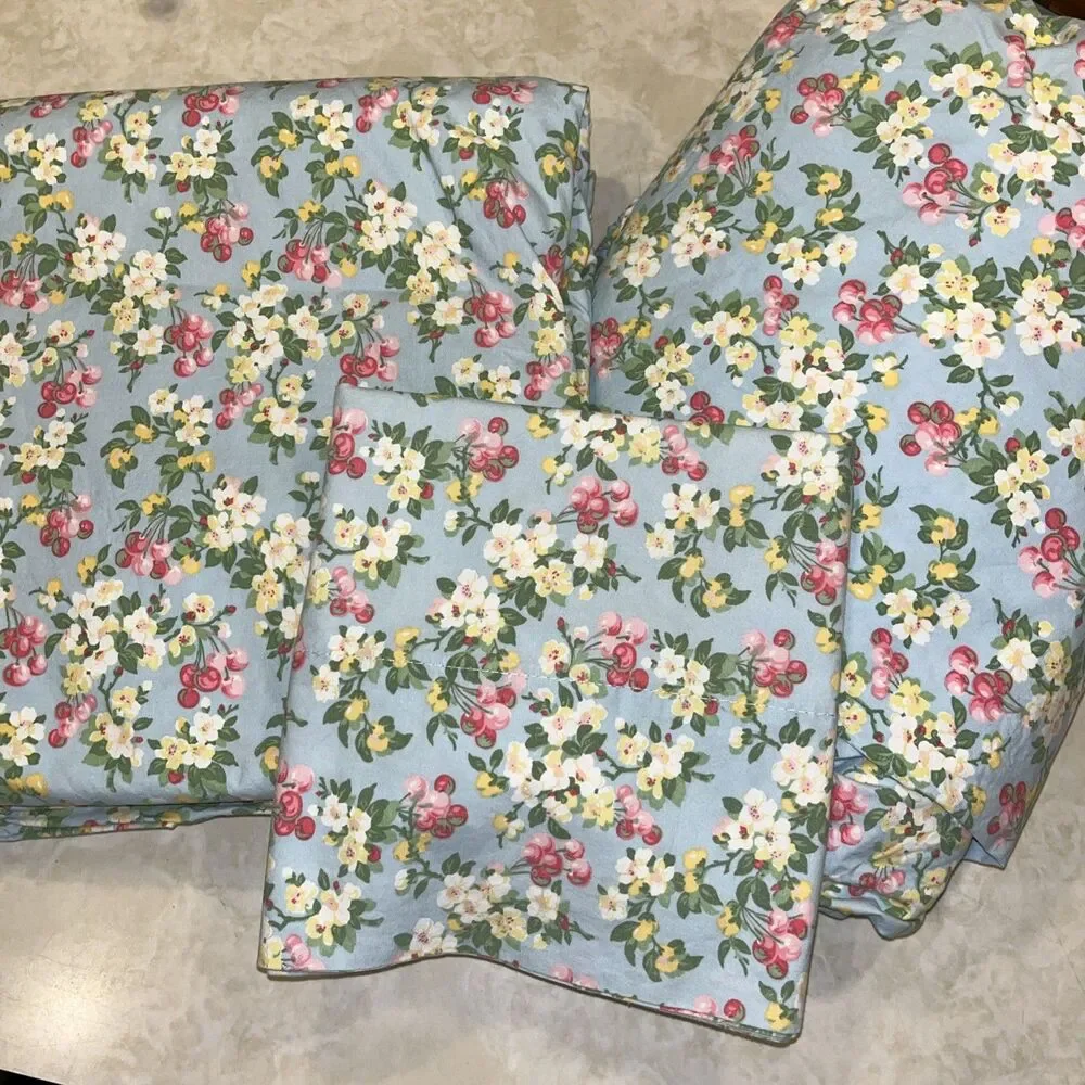Lauren Ralph Lauren Blue Cherry Blossom Floral Sheet Set Cottagecore Cotton Vtg